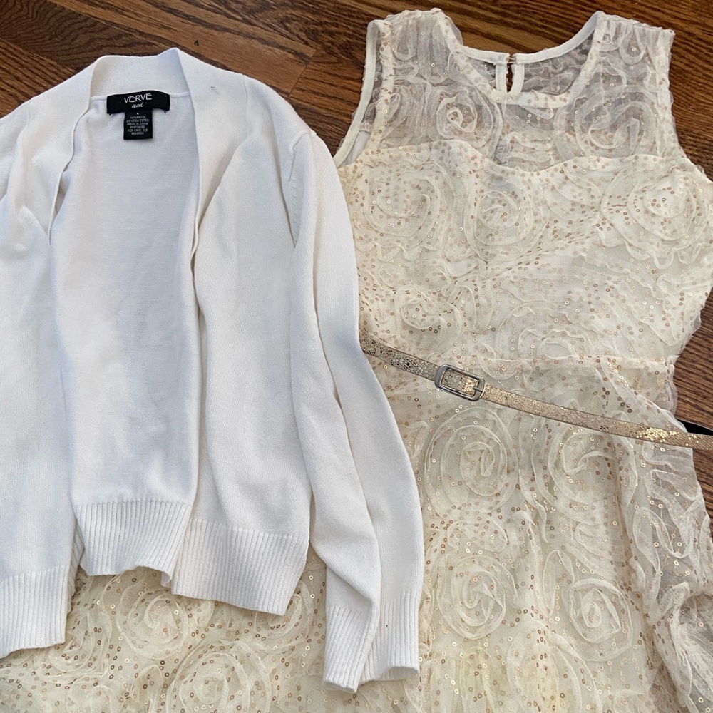 girls formal ivory and gold dress with cardigan 12